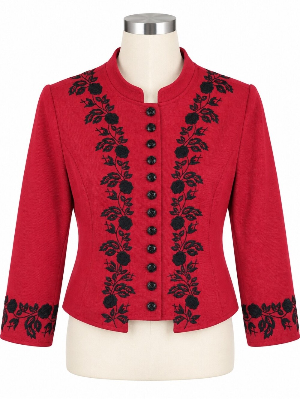 Boston Proper Red Military Jacket Embroidered Black Floral Button Front Size 4